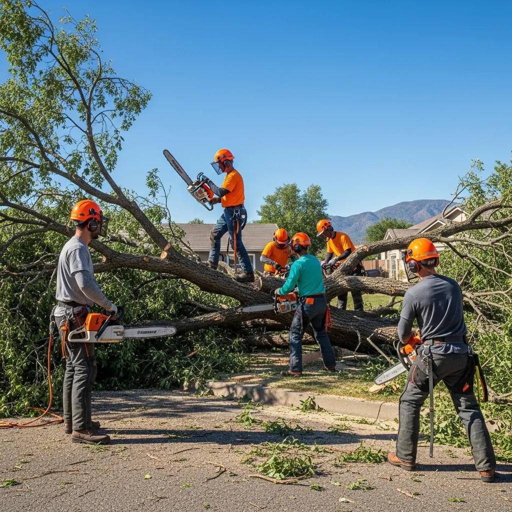 Emergency tree service team removing a fallen tree in Prescott AZ, highlighting professional safety and urgency