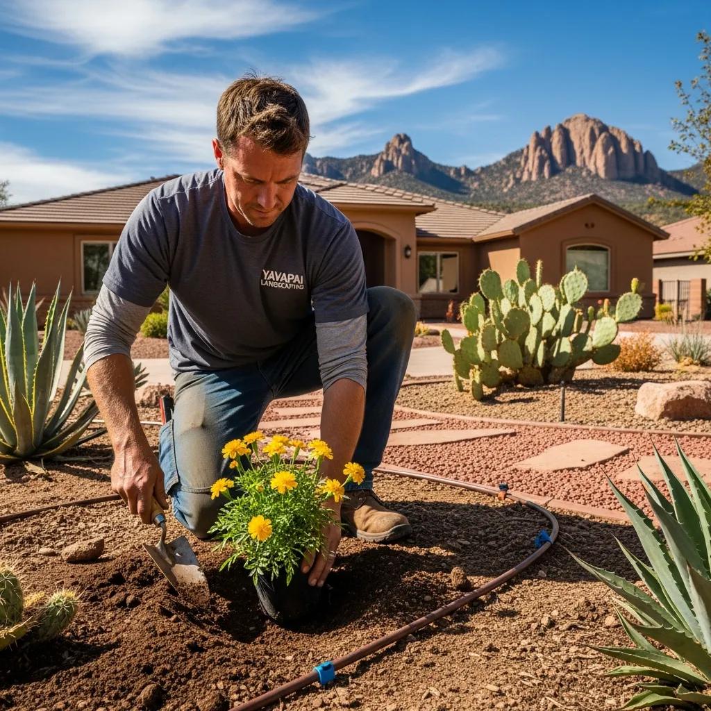 Landscaper installing native plants and efficient irrigation in Prescott