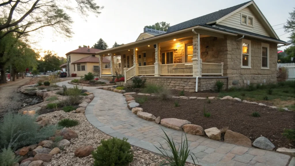 A historical home in Prescott features a stone exterior, covered porch, and warm lights beside a winding stone pathway, surrounded by beautifully designed landscaping, shrubs, rocks, and neighboring houses at sunset.