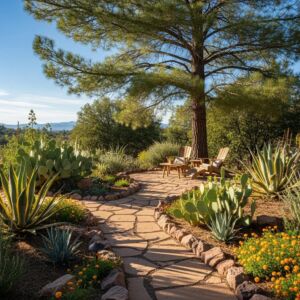 Beautiful outdoor landscape design in Prescott, AZ featuring native plants and a cozy seating area