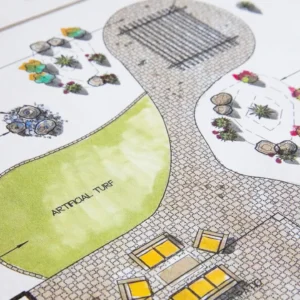 Landscape design plan featuring artificial turf, pathways, and decorative plants.