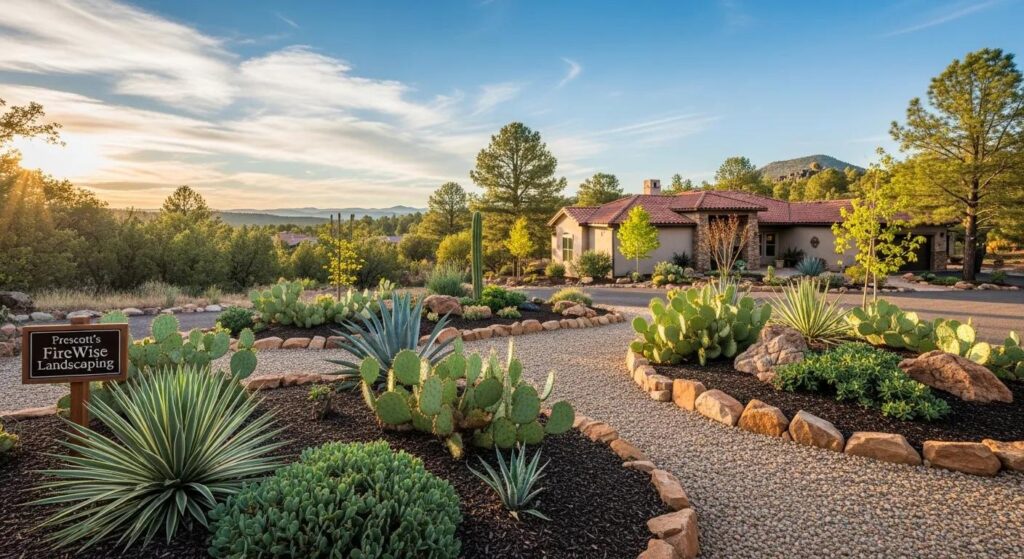 Prescott's FireWise landscaping featuring native plants, rock borders, and a residential home in a scenic outdoor setting, emphasizing wildfire safety and sustainable design.