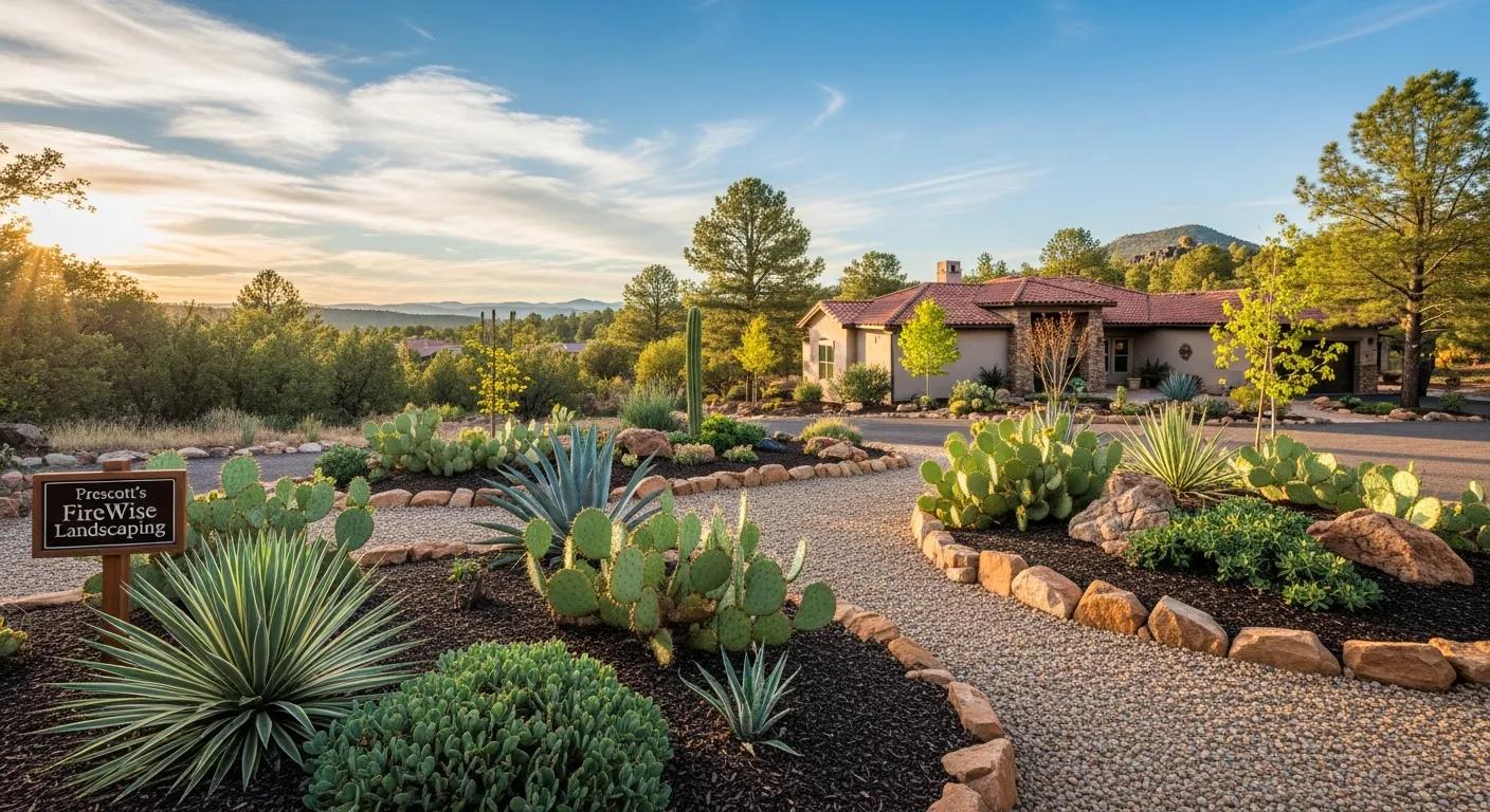 Prescott's FireWise landscaping featuring native plants, cacti, and a well-designed defensible space, highlighting wildfire mitigation techniques in a residential setting.