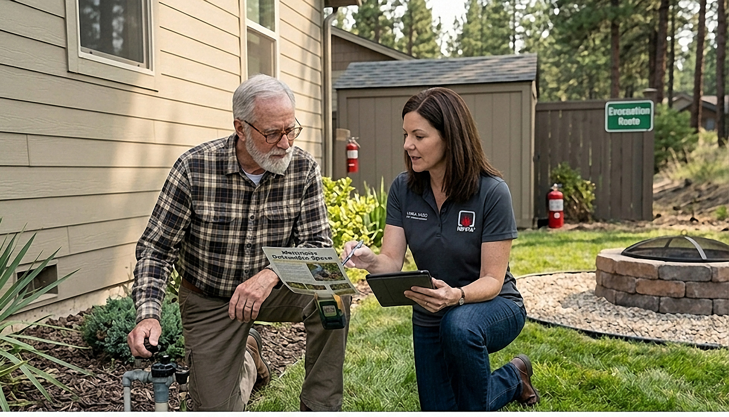 Linda Sabo, Firewise landscaping expert, consulting with a homeowner on wildfire prevention strategies, discussing defensible space, and landscape design in a fire-resistant garden setting.