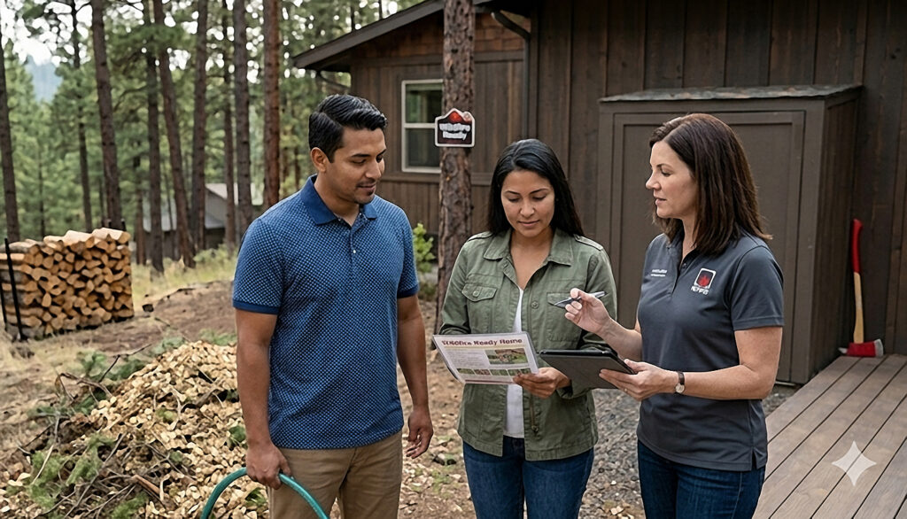 Couple consulting with Firewise landscaping expert, reviewing fire safety materials outdoors, surrounded by woodpile and natural landscape, emphasizing community education on wildfire risk mitigation.