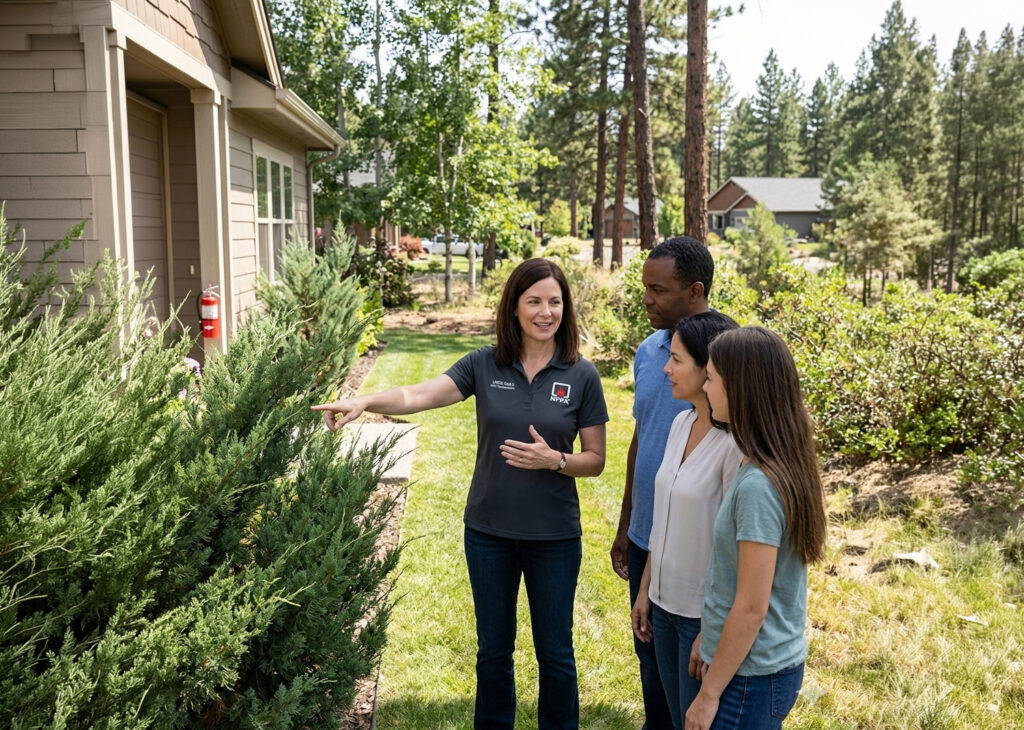 Linda Sabo discussing Firewise landscaping techniques with homeowners, emphasizing fire-resistant plant selection and defensible space strategies in a residential setting.