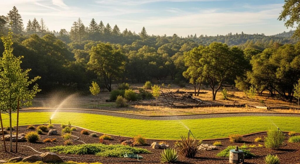 Lush green lawn with sprinkler system in a landscaped area, surrounded by trees and natural vegetation, emphasizing sustainable landscaping for wildfire safety.