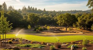Lush green landscaping with irrigation systems, surrounded by trees and natural scenery, illustrating effective outdoor space management for wildfire safety.