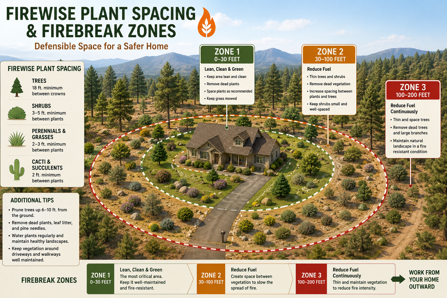 Diagram of Firewise Plant Spacing and Firebreak Zones