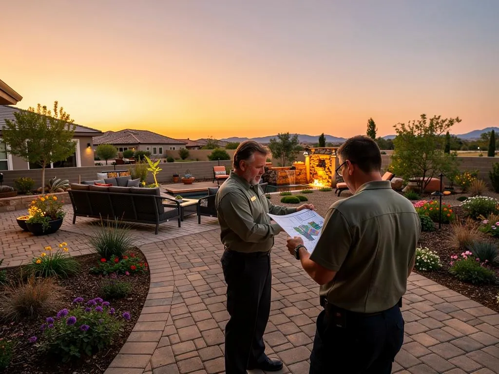 Landscaping crew leader reviewing a defensible-space site plan with a client