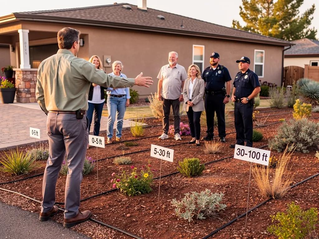 Community wildfire preparedness walkthrough with fire department and HOA representatives