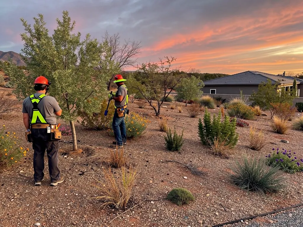 Crew performing defensible-space vegetation clearance near a home's perimeter