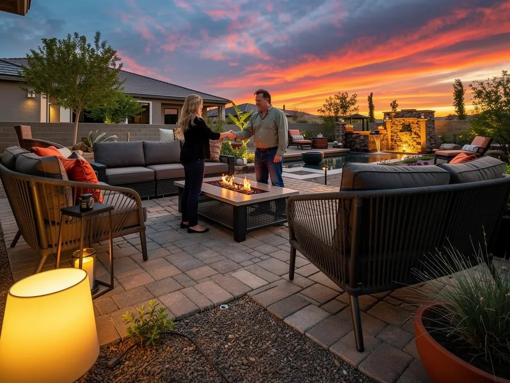 Homeowner and landscaping supervisor reviewing a finished paver installation