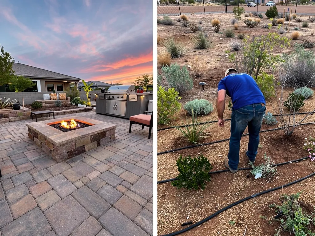 Paver patio and outdoor kitchen installation with native drought-tolerant plantings