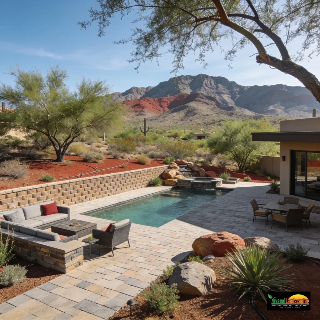 Prescott area property with hardscaping and Firewise defensible-space landscaping