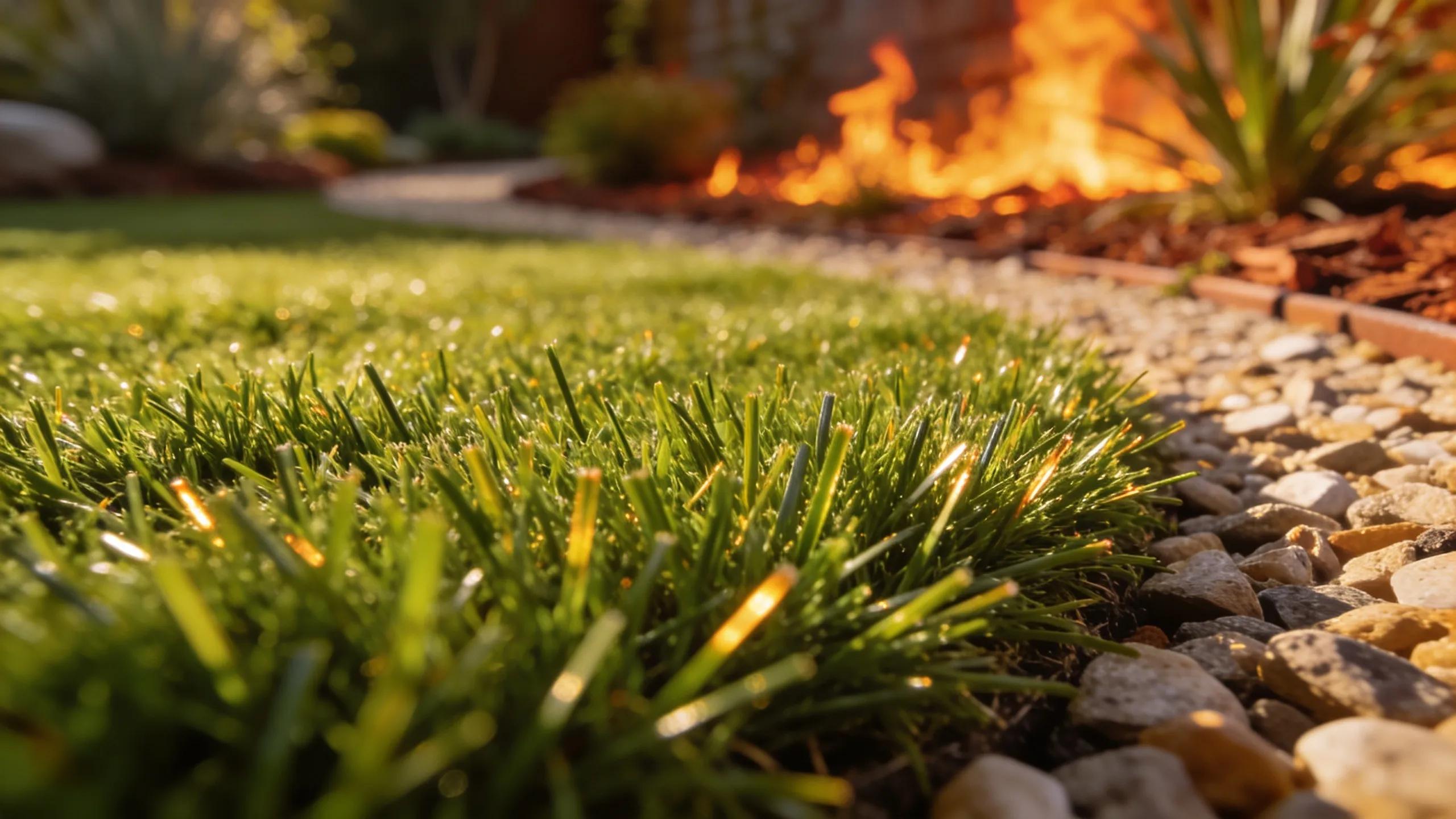 Close-up of fire-resistant artificial turf texture in a landscaped garden emphasizing safety features