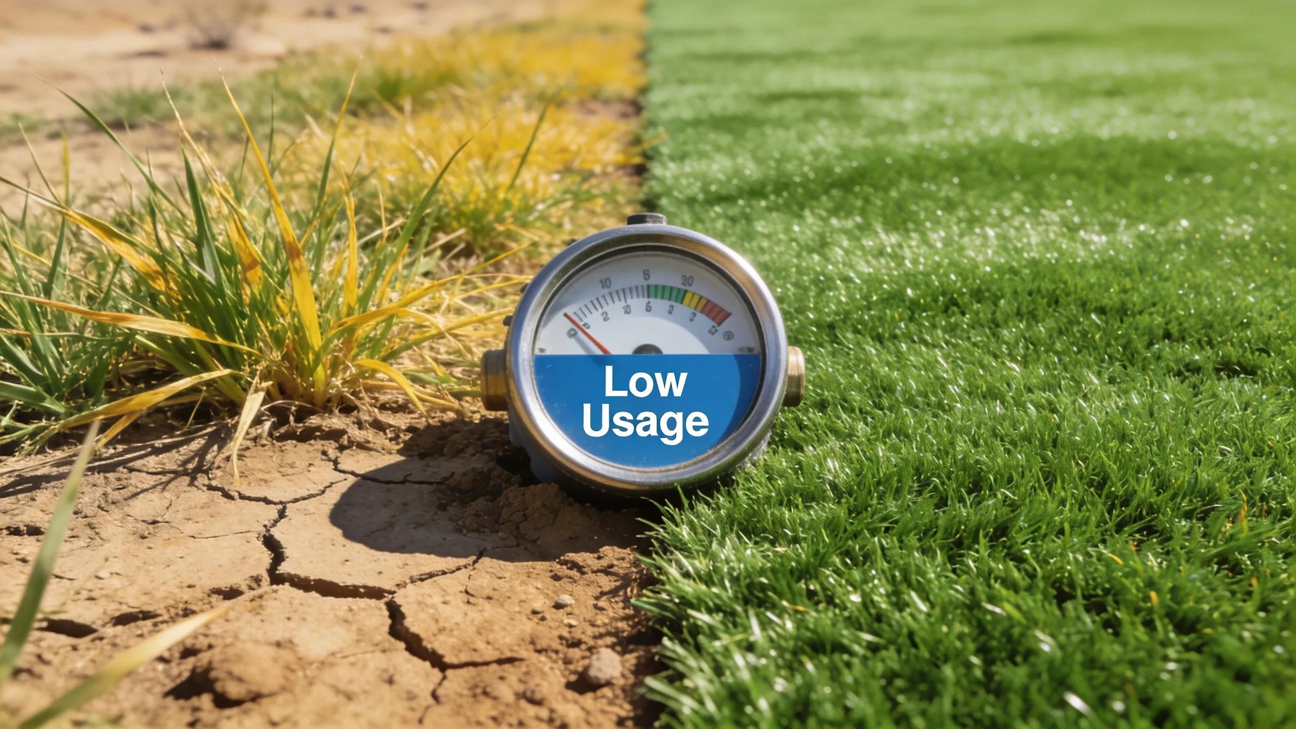 Visual comparison of water usage in natural grass versus synthetic turf showcasing conservation benefits