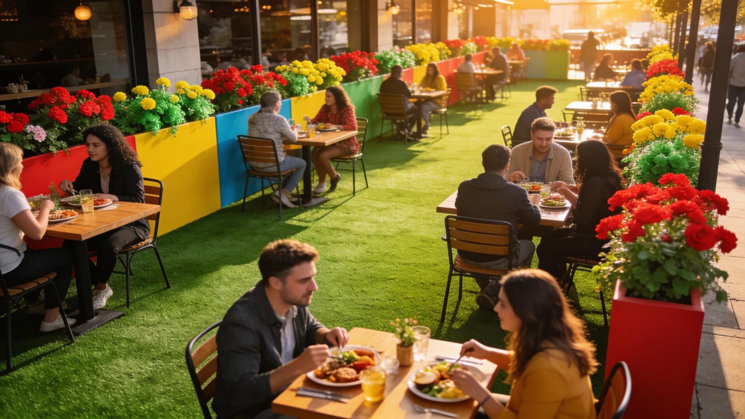 Commercial patio featuring vibrant artificial turf, enhancing outdoor dining experience