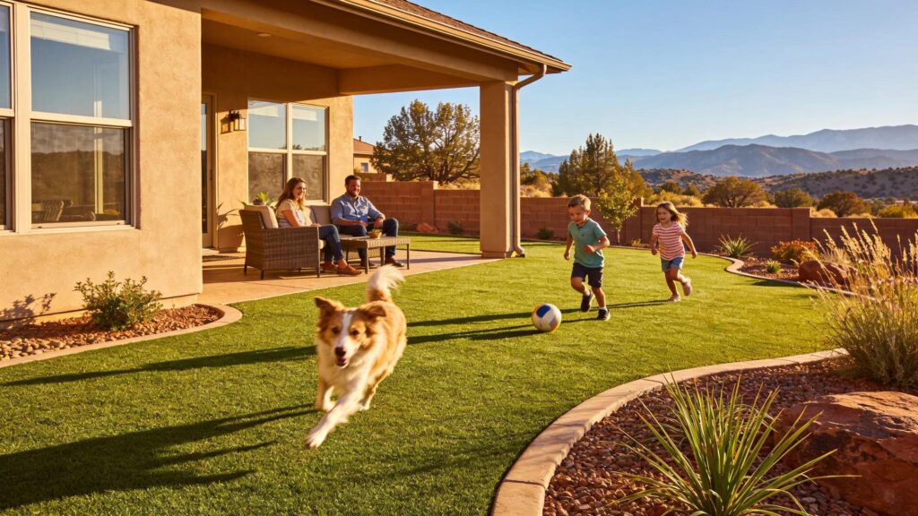 Family enjoying a water-efficient backyard with vibrant artificial turf in Prescott