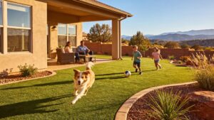 Family enjoying a water-efficient backyard with vibrant artificial turf in Prescott