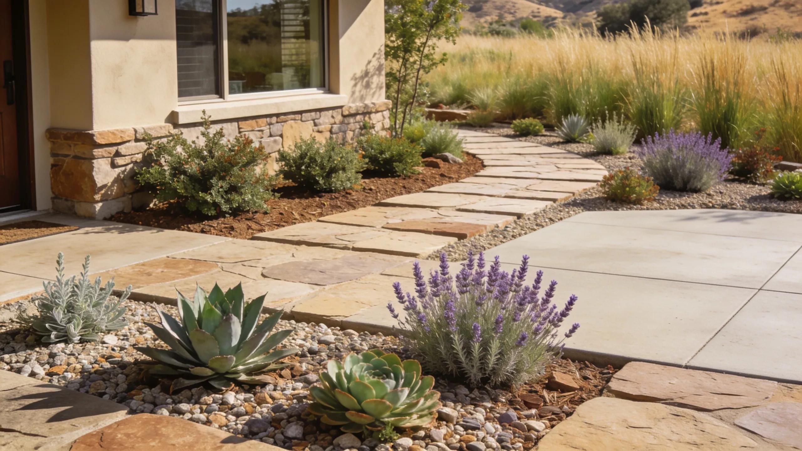 Fire-resistant landscape featuring drought-tolerant vegetation and hardscaping elements