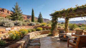 Landscape design with native plants and outdoor seating area in Prescott Valley