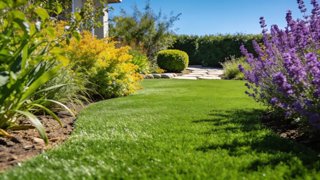 Artificial turf lawn installation with surrounding native plants illustrating eco-friendly landscaping