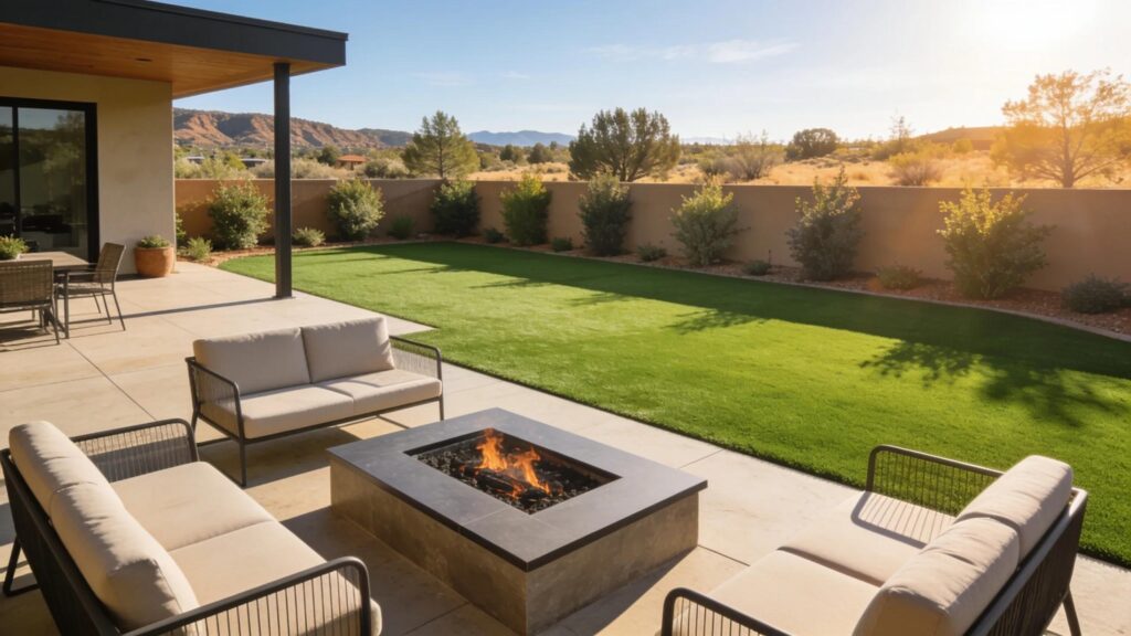 Lush artificial turf installation in a Prescott backyard with modern outdoor features