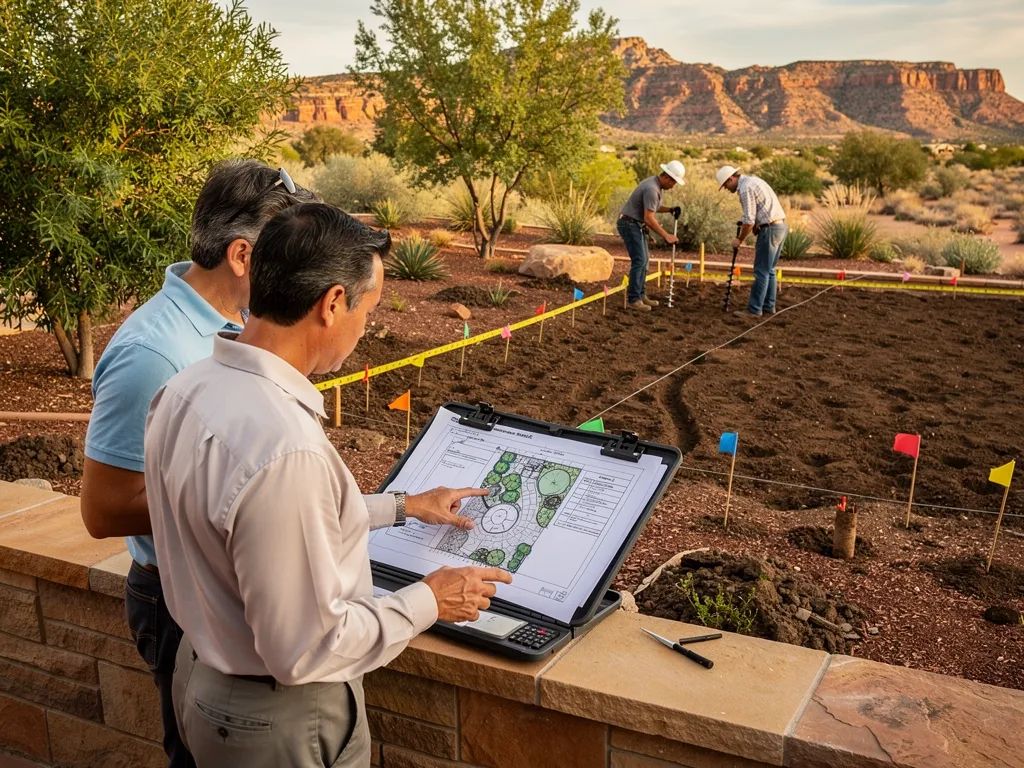 Landscape designer reviewing site plans with a client outdoors