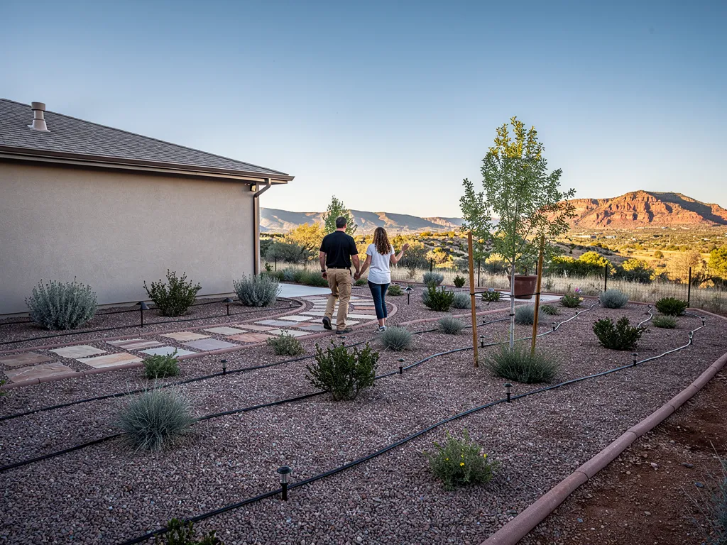 Finished water-wise landscape with paver walkway and native plants