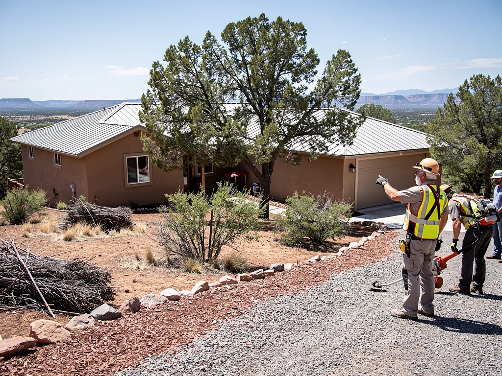 FireWise crew clearing vegetation near a residential structure