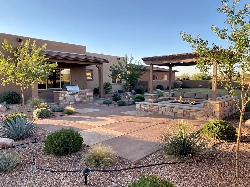 Paver patio with outdoor kitchen and fire pit at dusk